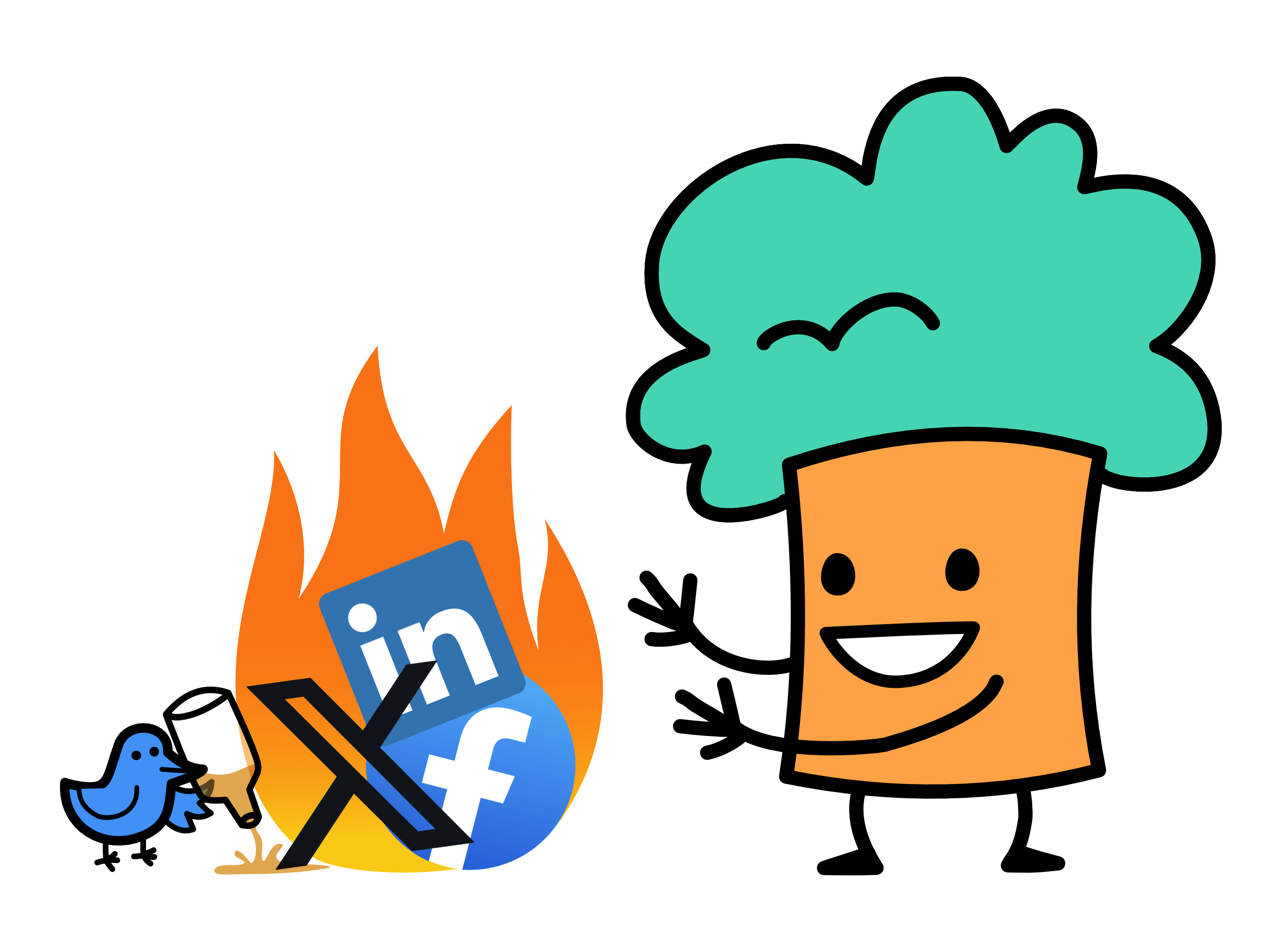 Founders Tree mascot with social media bonfire