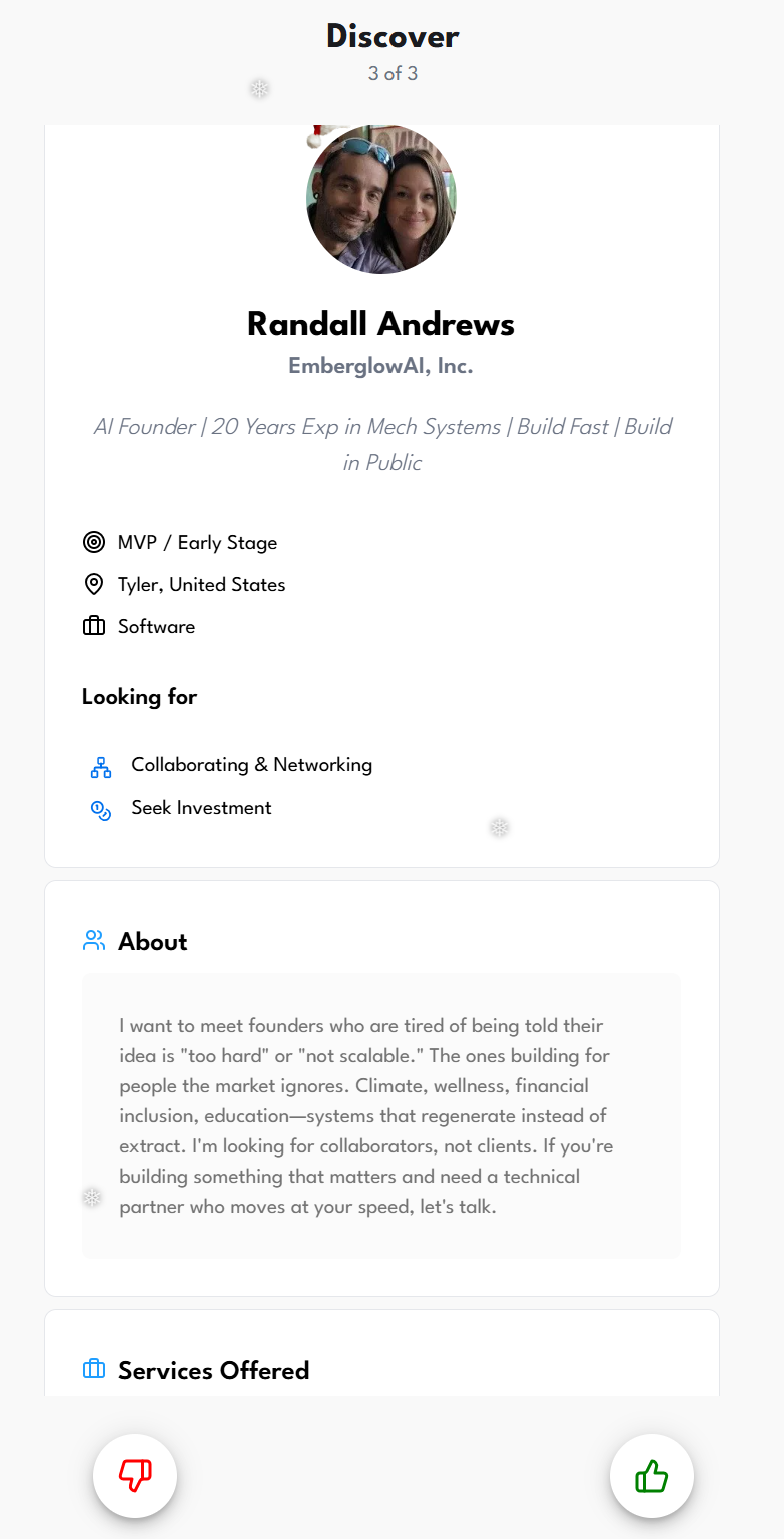 Founderstree discover page showing founder profile cards