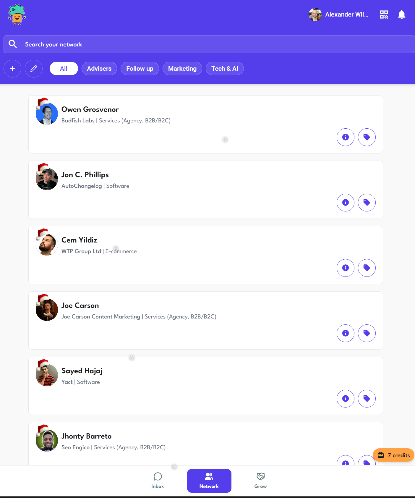 Founderstree network page showing contacts with labels